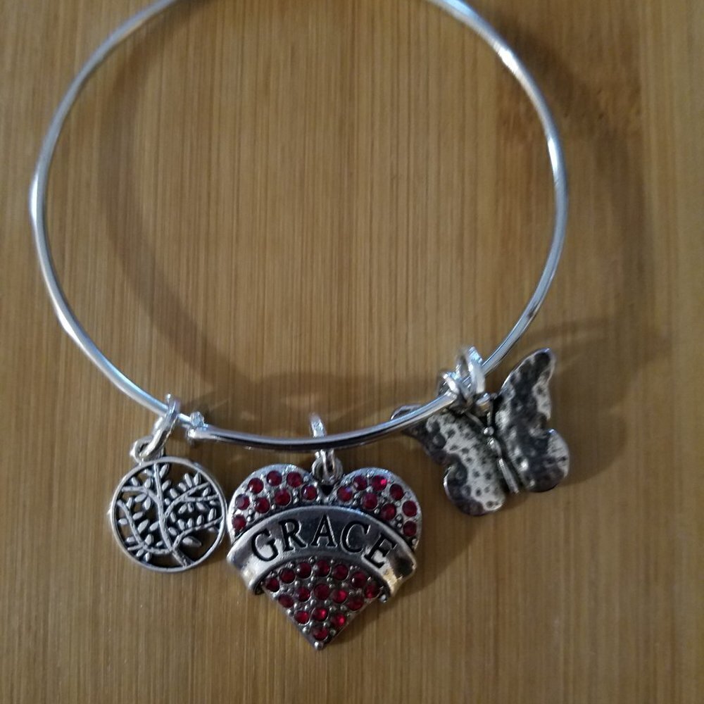 Hand Crafted Charm Bangle -Tree Of Life, Jeweled Engraved Heart, Butterfly. View 3